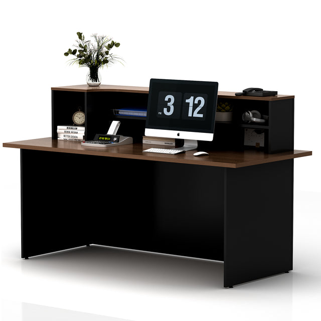 ALFA Rectangle Manufactured Wood Reception Desk with Open Shelves — 71" Wide Front Desk with Cable Management and Privacy Panel