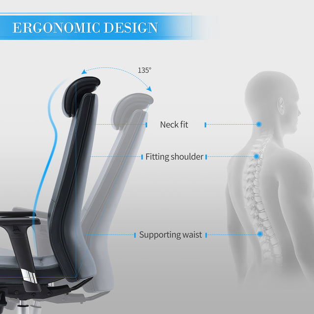 ALFA Ergonomic Executive Leather Office Desk Chair with Head Rest, Height adjustable armrest, Tilt and Lumbar Support, Navy blue, Light Brown