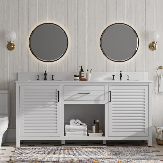 72-Inch Fully Assembled Double Sink Bathroom Vanity with Quartz Countertop & cUPC Ceramic Sinks | Modern White Freestanding Vanity Cabinet