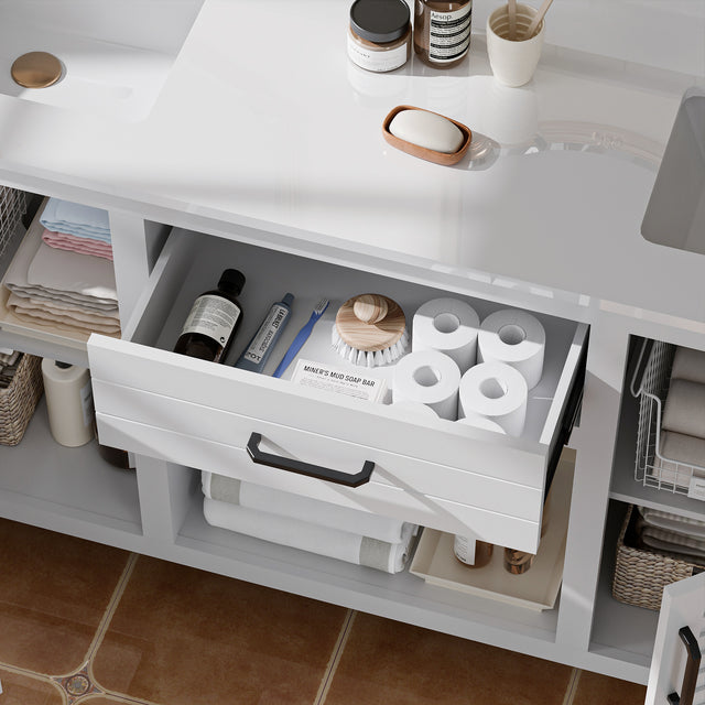 72-Inch Fully Assembled Double Sink Bathroom Vanity with Quartz Countertop & cUPC Ceramic Sinks | Modern White Freestanding Vanity Cabinet