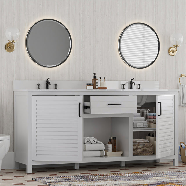 72-Inch Fully Assembled Double Sink Bathroom Vanity with Quartz Countertop & cUPC Ceramic Sinks | Modern White Freestanding Vanity Cabinet