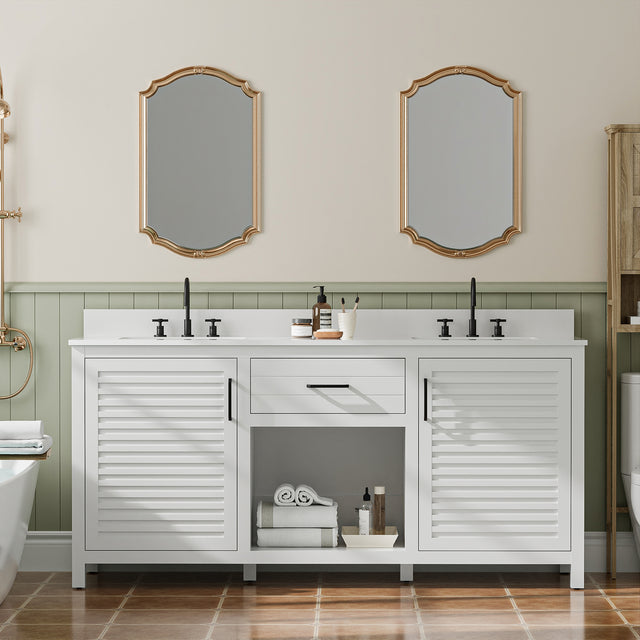 72-Inch Fully Assembled Double Sink Bathroom Vanity with Quartz Countertop & cUPC Ceramic Sinks | Modern White Freestanding Vanity Cabinet