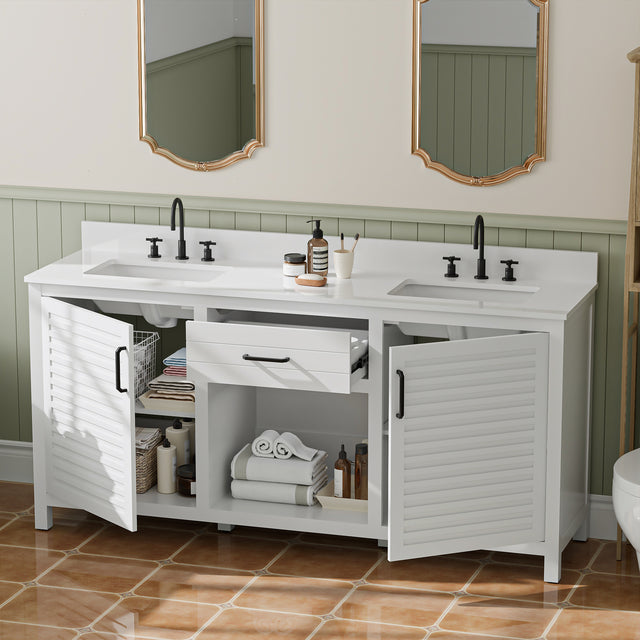 72-Inch Fully Assembled Double Sink Bathroom Vanity with Quartz Countertop & cUPC Ceramic Sinks | Modern White Freestanding Vanity Cabinet