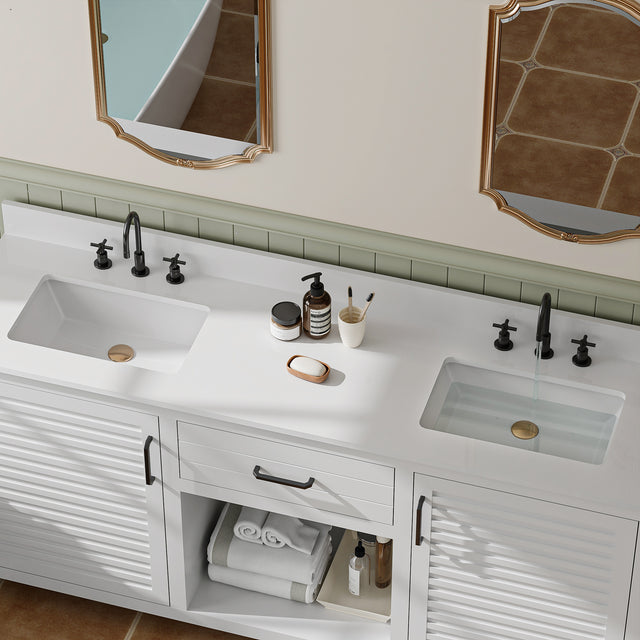 72-Inch Fully Assembled Double Sink Bathroom Vanity with Quartz Countertop & cUPC Ceramic Sinks | Modern White Freestanding Vanity Cabinet