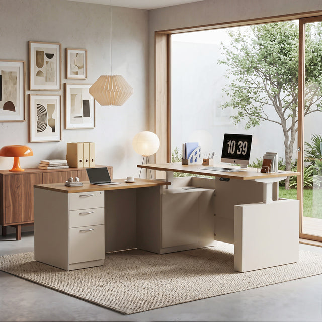 67" L-Shaped Executive Standing Desk – Brushless Dual Motor, Pre-Assembled Frame & Lockable Storage