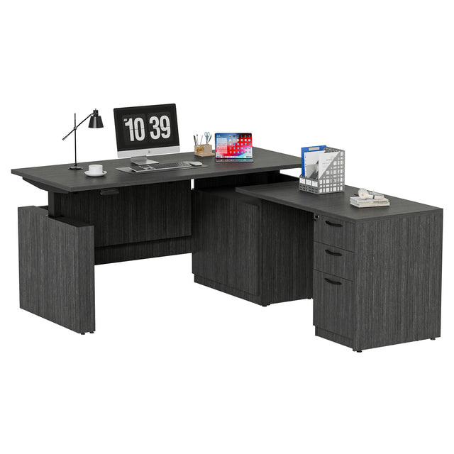 GINO Collection | 76.77'' Height Adjustable L-Shaped Executive Desk with Pre-Assembled Frame, Drawers and Shelves
