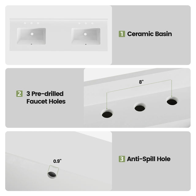 60-Inch Double Sink Bathroom Vanity, Fully Assembled, with Quartz Countertop & cUPC Ceramic Sinks | Wood Grain Finish Vanity Cabinet for Family Bathrooms