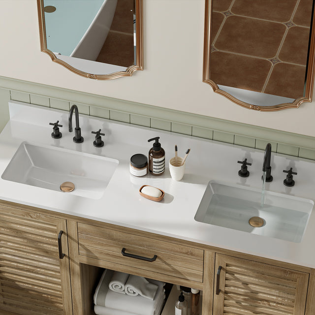 60-Inch Double Sink Bathroom Vanity, Fully Assembled, with Quartz Countertop & cUPC Ceramic Sinks | Wood Grain Finish Vanity Cabinet for Family Bathrooms