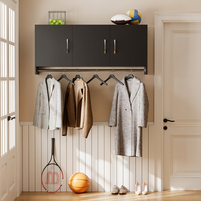 54”Wall Mounted Cabinet with Hanging Rod | 3-Door Storage Cabinet with Adjustable Shelf, Hanging Storage Cupboard for Laundry Room, Mudroom, Garage, Kitchen