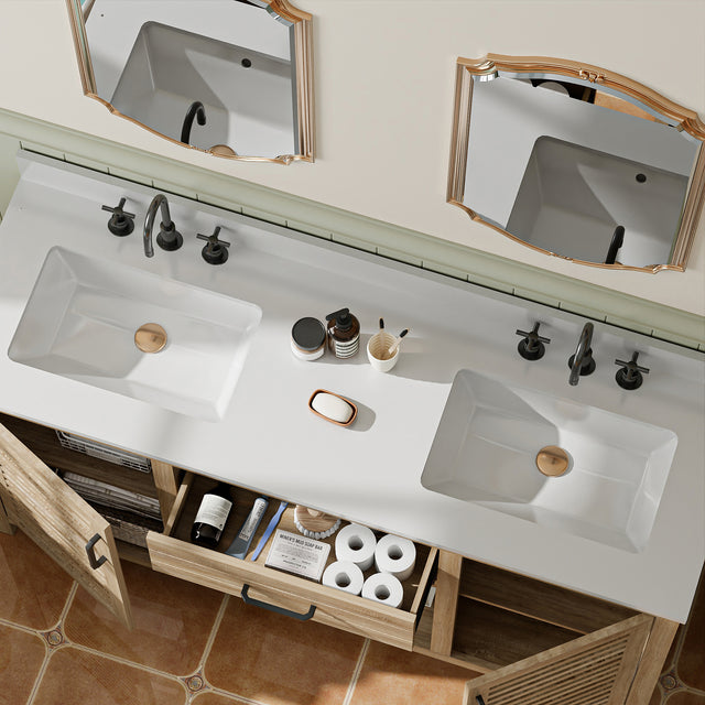 60-Inch Double Sink Bathroom Vanity, Fully Assembled, with Quartz Countertop & cUPC Ceramic Sinks | Wood Grain Finish Vanity Cabinet for Family Bathrooms