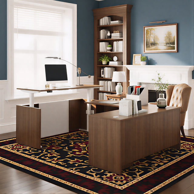 U-Shaped Adjustable Height Executive Standing Desk with Electric Dual Motor Lift, 3-Drawer Locking Pedestal, and Reversible Bridge