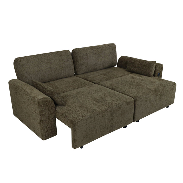 94" 3-in-1 Pull-Out Sleeper Sofa Bed for Living Room, Chenille Olive Green