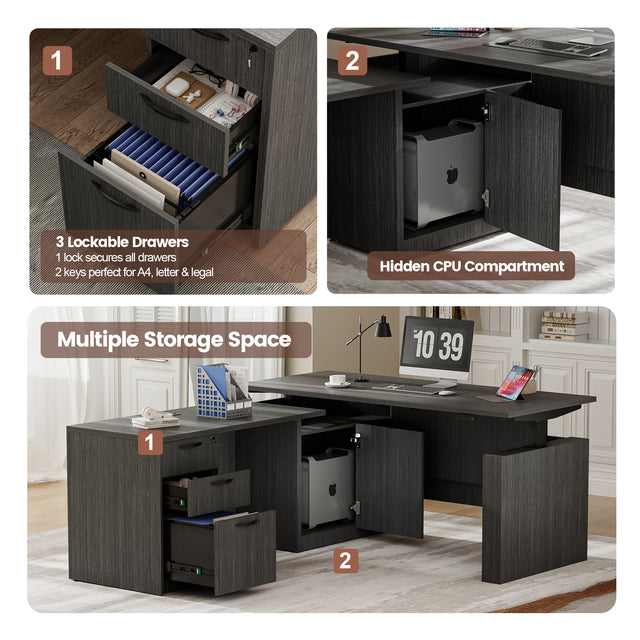 GINO Collection | 76.77'' Height Adjustable L-Shaped Executive Desk with Pre-Assembled Frame, Drawers and Shelves