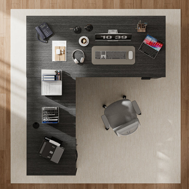 GINO Collection | 76.77'' Height Adjustable L-Shaped Executive Desk with Pre-Assembled Frame, Drawers and Shelves