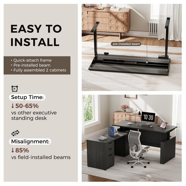 GINO Collection | 76.77'' Height Adjustable L-Shaped Executive Desk with Pre-Assembled Frame, Drawers and Shelves