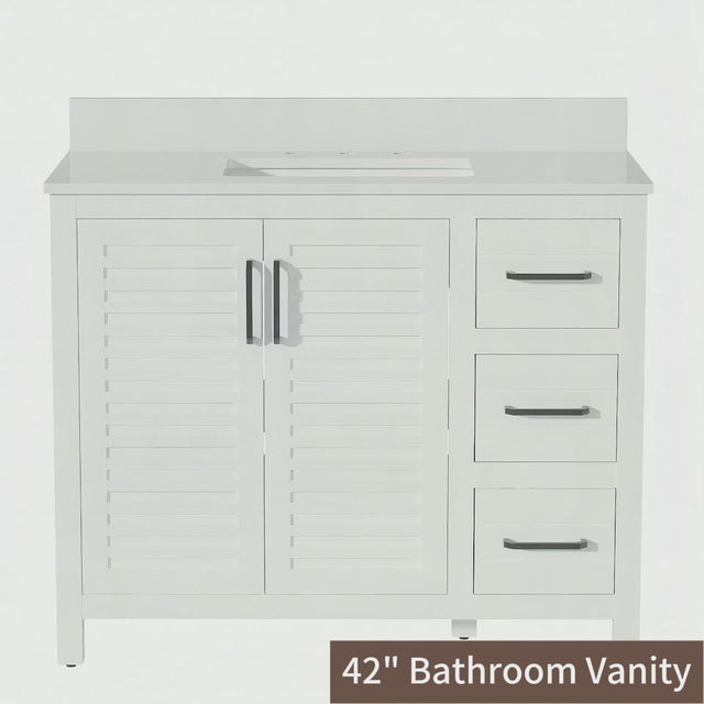 42"W Freestanding Single Bathroom Vanity With White Quartz Countertop And Louvered Doors, Pre-Assembled
