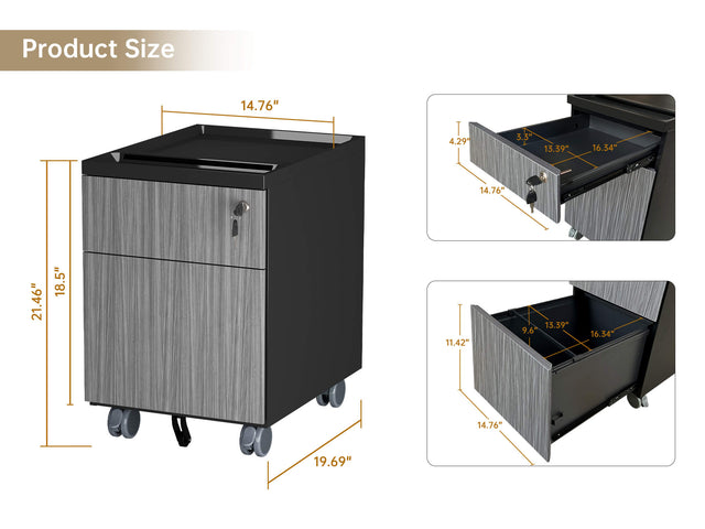 AF ALFA Filing Cabinet |  CUBOX 2-Drawer Gray Black Mobile Vertical File Cabinet with Lock15"