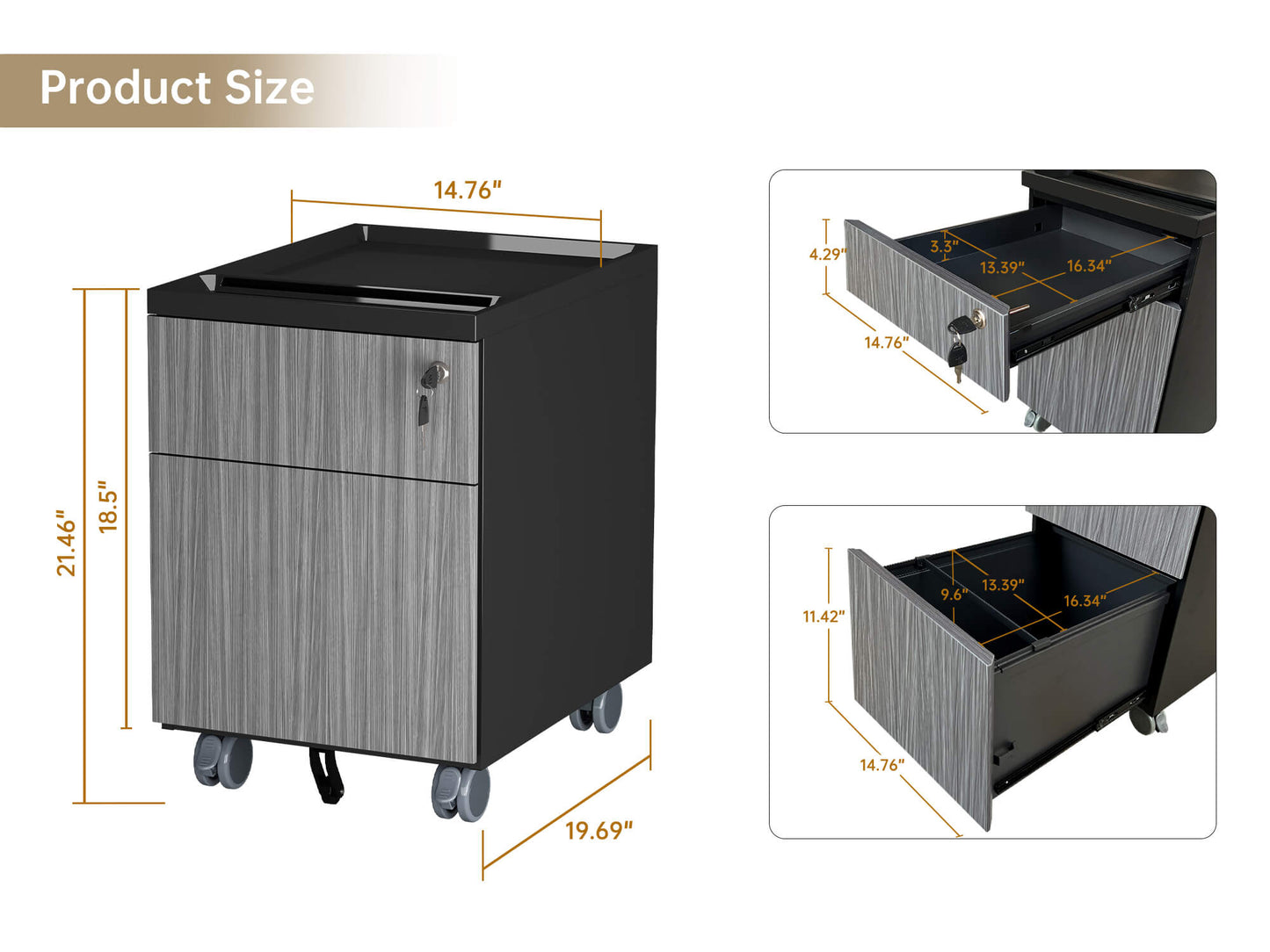 Filing Cabinet | ALFA CUBOX 2-Drawer Gray Black Mobile Vertical File Cabinet with Lock15"