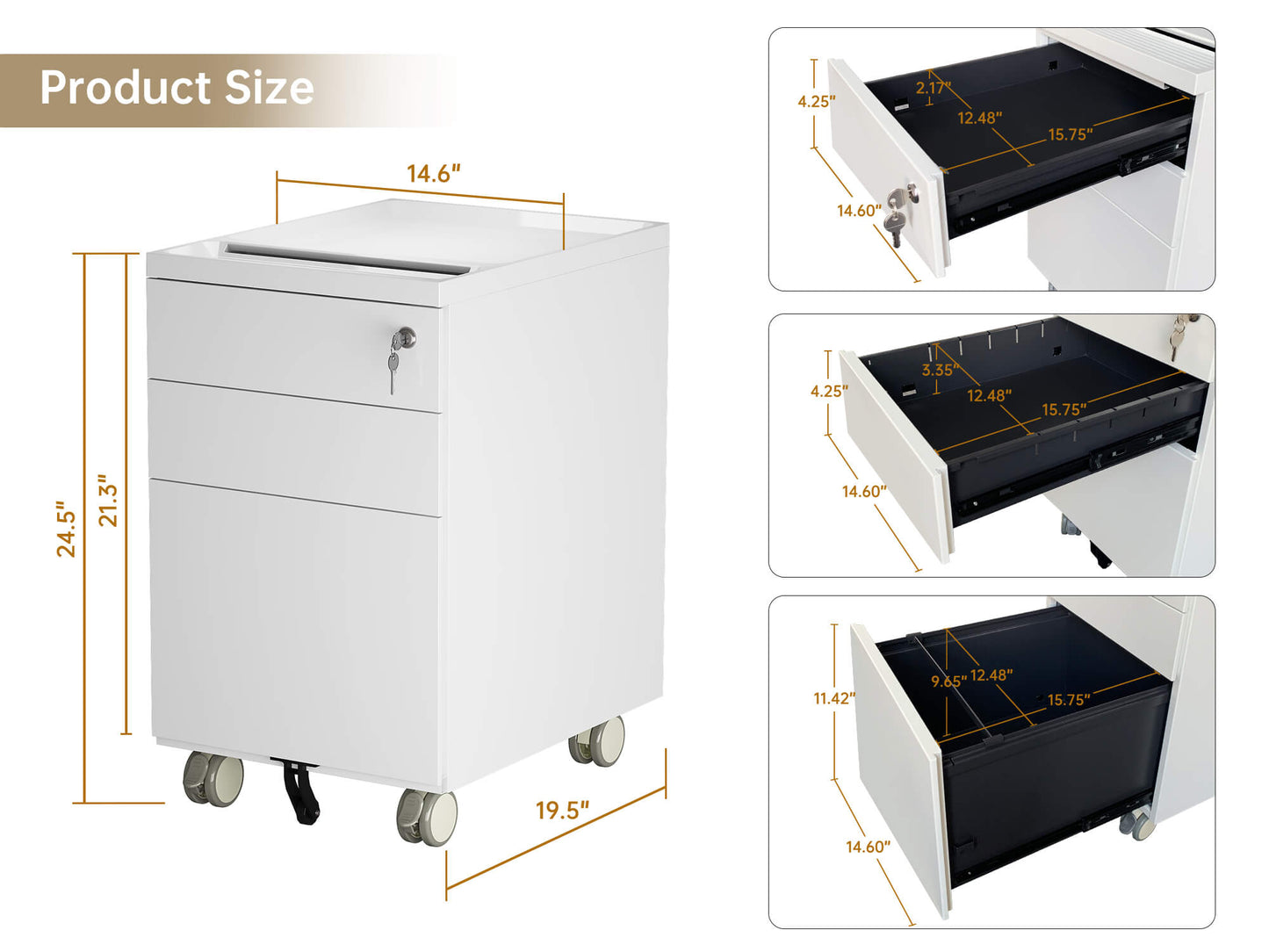 Filing Cabinet  | ALFA CUBOX 3-Drawer White/Black Mobile Vertical File Cabinet with Lock15"