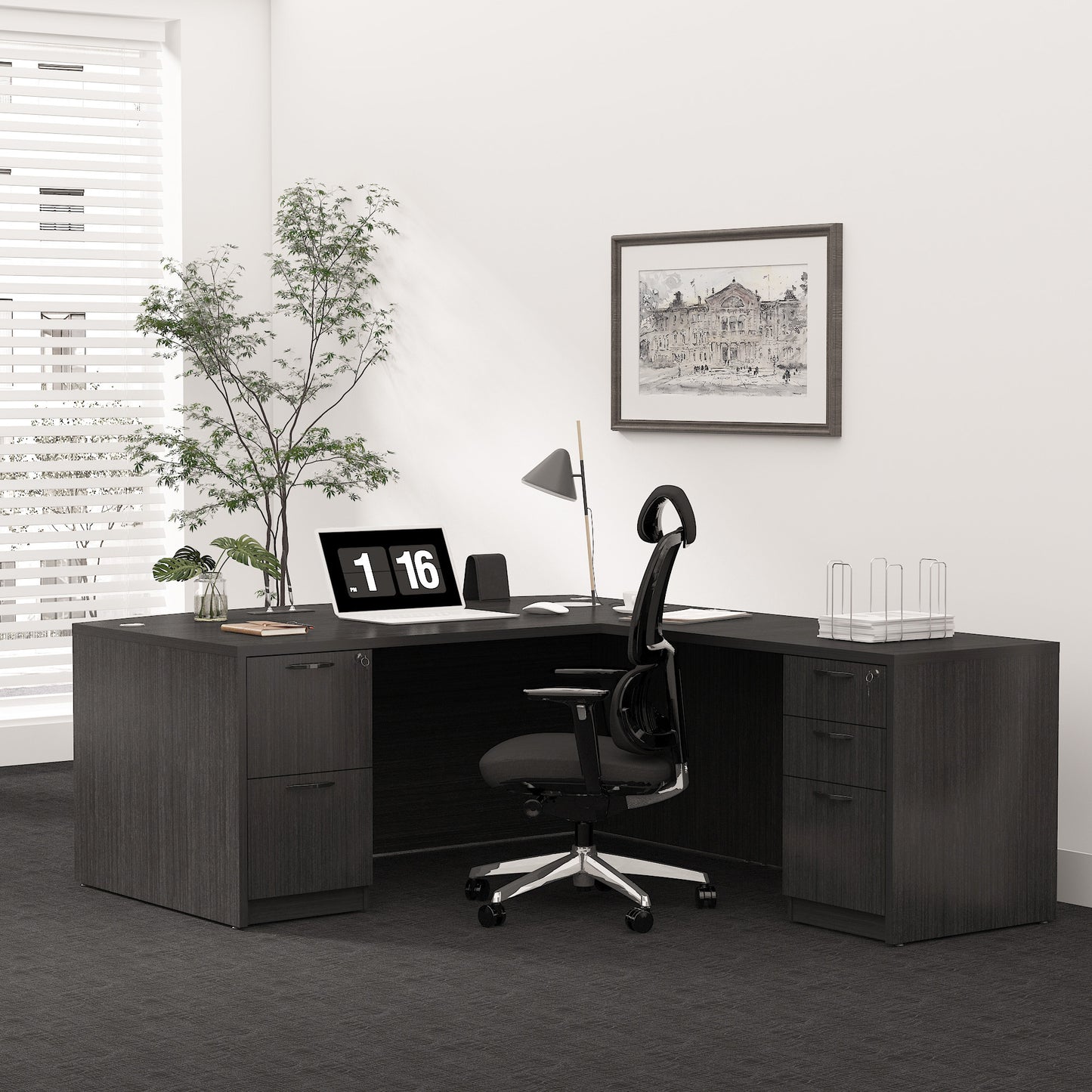 GINO Collection | 67" W L Shape Executive Office Desk with Two File Cabint - Right Return | Gray | 4 piece set 2205